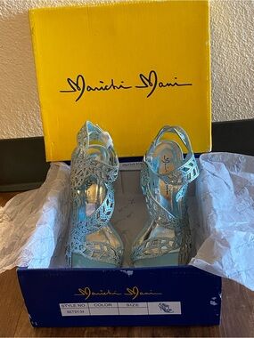 Crystal Embellished Light Blue Cutout High Heel Sandals - Women